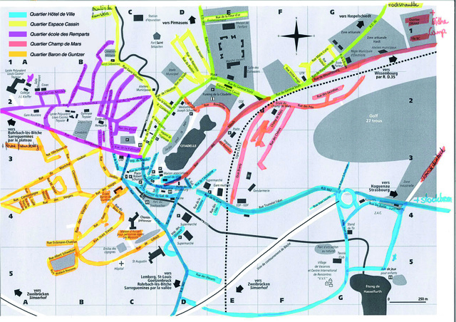 Plan représentant les différents quartier de la ville de Bitche